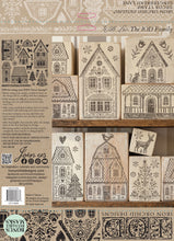 Load image into Gallery viewer, Iron Orchid Designs Gingerbread Lane Decor Stamp featuring layered gingerbread houses, cottages, trees, and reusable masks for Christmas village décor