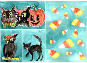 Retro Halloween -Roycycled Treasure s_fall-Vintage-Black Cat-Candy-Owl-Pumpkin-Decoupage Paper # 166