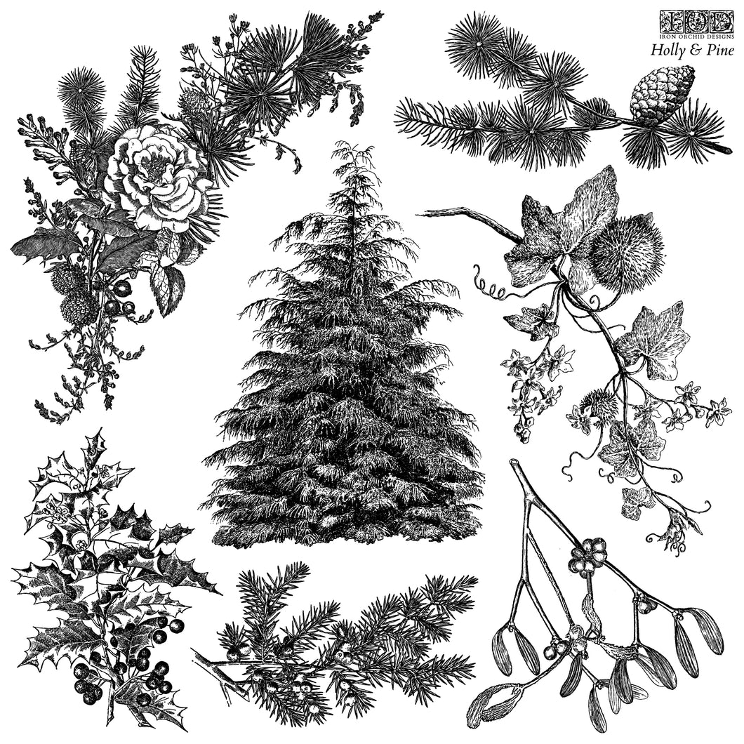 IOD Holly & Pine 12x12 Decor Stamp Iron Orchid Designs