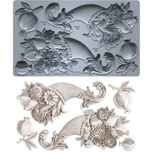 Load image into Gallery viewer, Iron Orchid Designs Cornucopias Décor Mould featuring vintage harvest cornucopias, pumpkins, chrysanthemums, pomegranates, and botanical details
