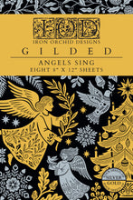 Load image into Gallery viewer, Iron Orchid Designs Angels Sing Gilded Foil Transfer featuring gold and silver foil angels, Christmas trees, doves, snowflakes, stars, and festive botanical designs
