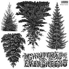Load image into Gallery viewer, Iron Orchid Designs Winter Grove Decor Stamp featuring vintage evergreen trees and Christmas Evergreens typography with reusable masks
