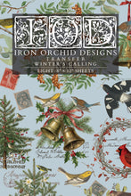 Load image into Gallery viewer, Iron Orchid Designs Winter's Calling Décor Transfer featuring vintage birds, evergreen botanicals, wreaths, Christmas trees, bells, antique postal elements, and European holiday artwork
